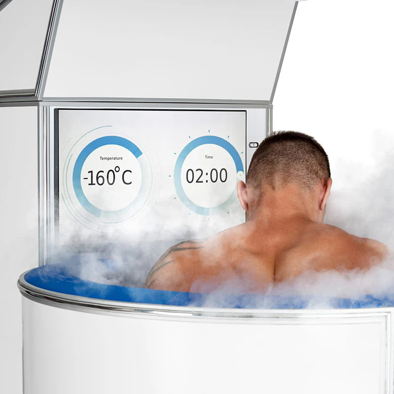 iCeConiQ Solo nitrogen cryosauna in use, screen shows −160°C and 2-minute session.