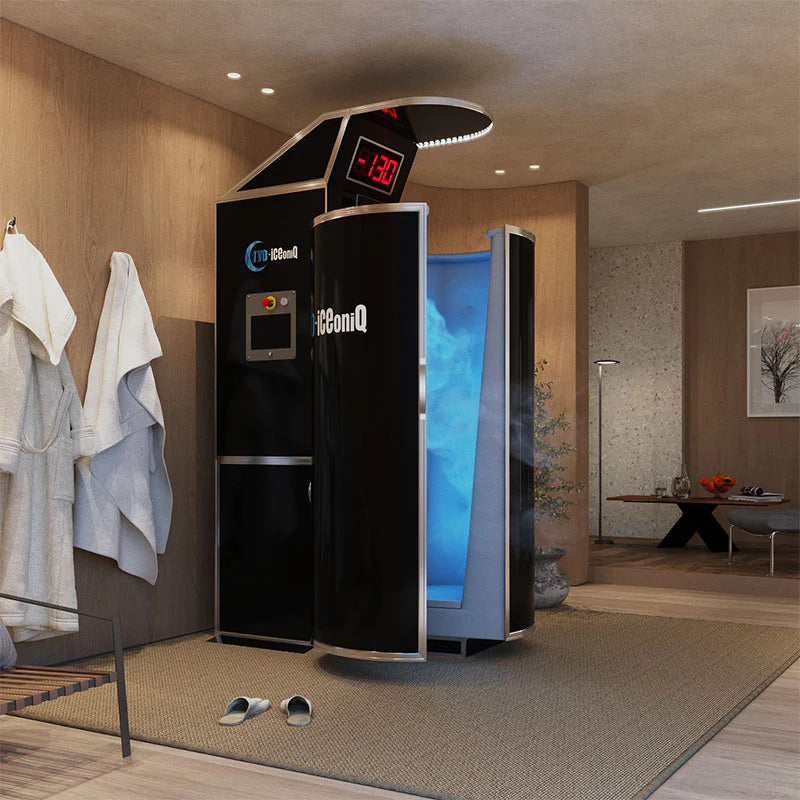 CeConiQ Solo cryosauna installed in a luxury wellness suite with cold mist inside.