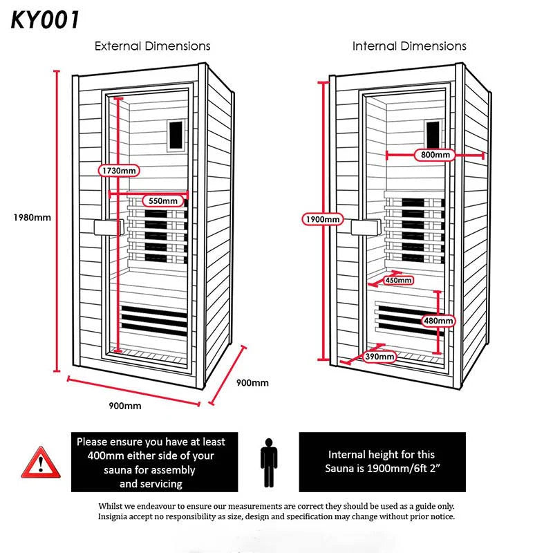 Insignia KY001 infrared sauna dimensions diagram—900×900mm footprint, about 1980mm high.