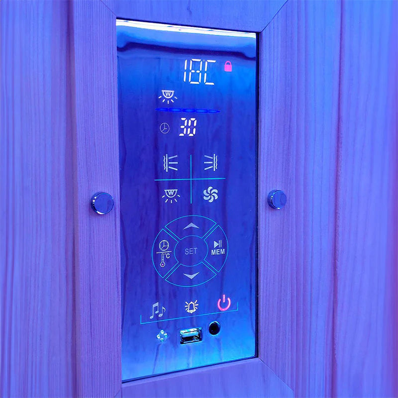 Insignia KY007 infrared sauna digital control panel with temperature, timer, fan and audio controls.