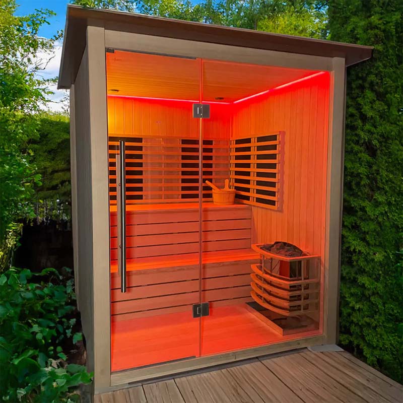 Insignia Outdoor Hybrid Infrared Sauna 2000x2000mm installed on a garden patio – perfect luxury outdoor wellness solution.