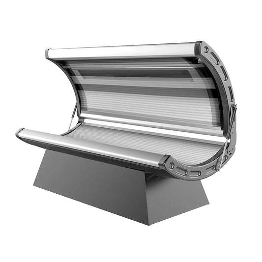 Nuvibody LITE Red Light Therapy Bed angled view highlighting curved LED panel layout for full-body treatment.