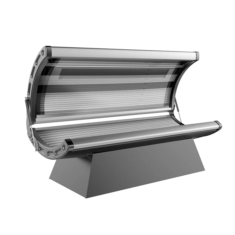 Side angle of Nuvibody LITE Red Light Therapy Bed with open canopy, displaying contemporary open design.