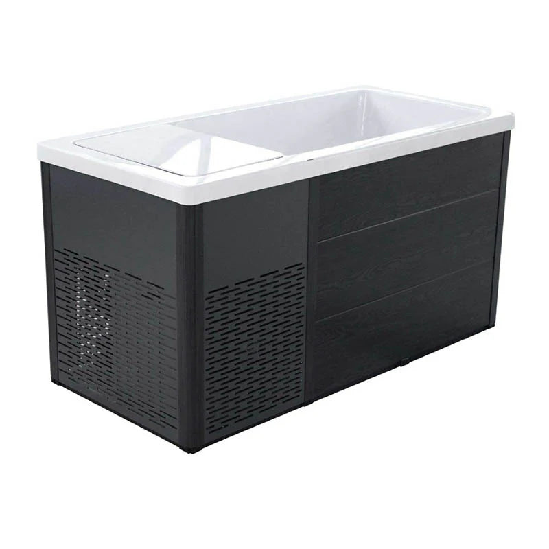 H2O Chillax Ice Bath rear three-quarter angle with black wood-effect cabinet
