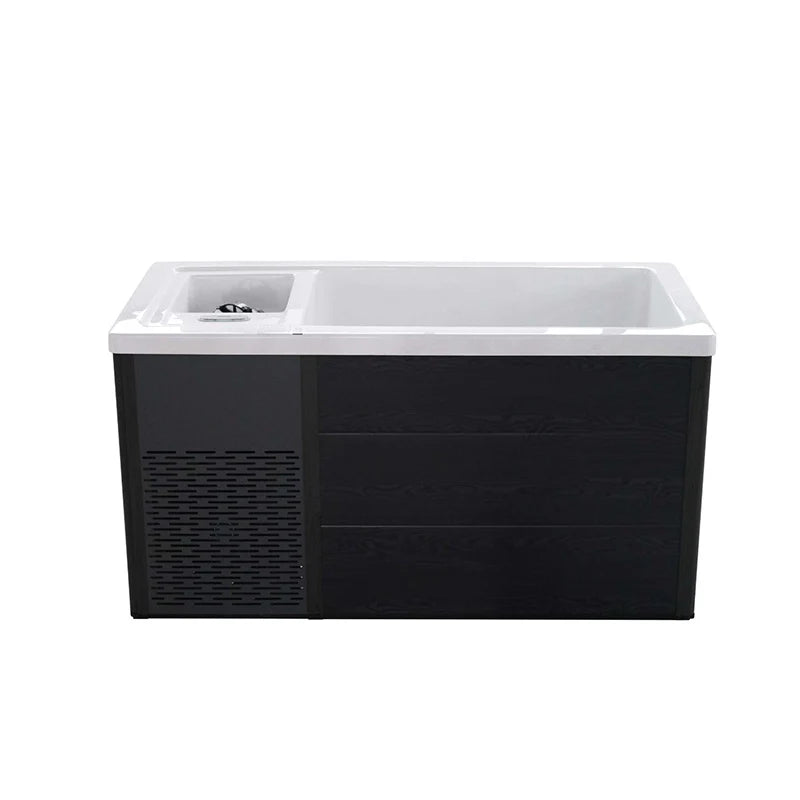 H2O Chillax Ice Bath side profile with vented chiller housing and white acrylic rim