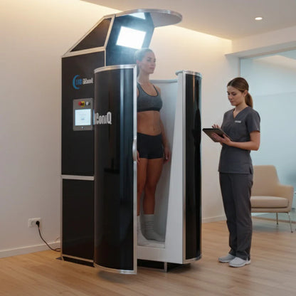 Client standing in iCeConiQ Solo cryosauna during guided session with therapist.