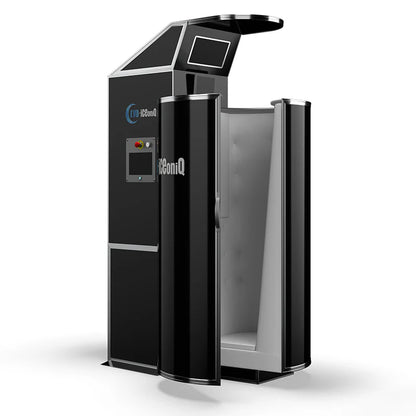 Studio product shot of iCeConiQ Solo nitrogen cryosauna, doors open, gloss black finish.