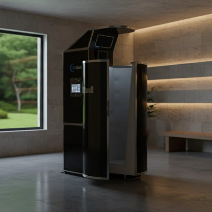 iCeConiQ Solo cryosauna in stone-wall spa room, open and ready for whole-body cryotherapy.