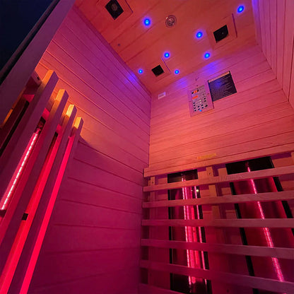 Insignia KY001 1-person infrared sauna interior, vertical heaters and LED lighting, 900×900mm.