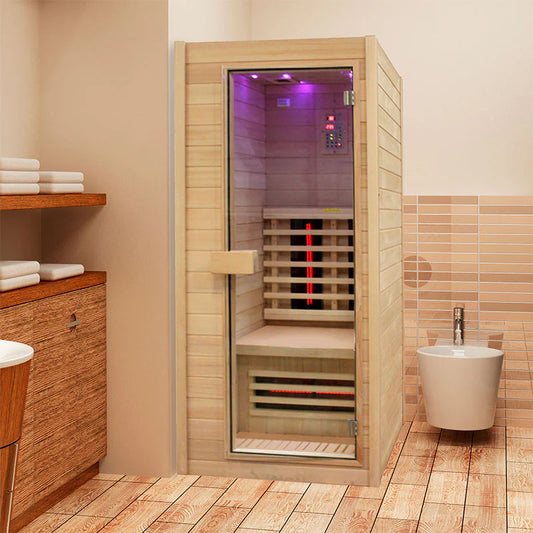Insignia KY001 infrared indoor sauna 900×900 installed in a home bathroom, compact glass-door design.