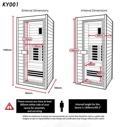 Insignia KY001 infrared sauna dimensions diagram—900×900mm footprint, about 1980mm high.