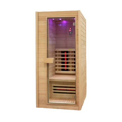 Front view of Insignia KY001 infrared indoor sauna, 900×900mm, single-seat with glass door.