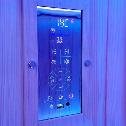 Insignia KY007 infrared sauna digital control panel with temperature, timer, fan and audio controls.