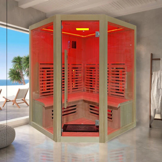 Insignia KY007 1500×1500 corner infrared indoor sauna installed, glass door and red light ambience.