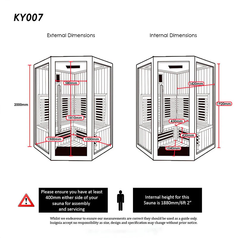 Insignia KY007 infrared sauna dimensions diagram—1500×1500mm corner layout, ~2000mm external height.