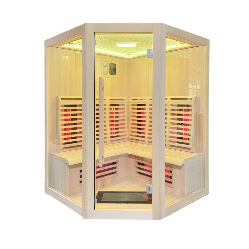 Insignia KY007 infrared indoor sauna 1500×1500, corner design with wraparound bench, studio white background.
