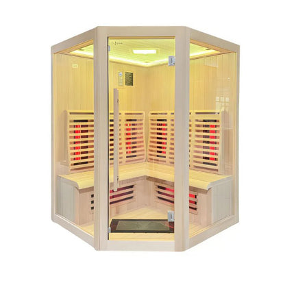 Insignia KY007 infrared indoor sauna 1500×1500, corner design with wraparound bench, studio white background.