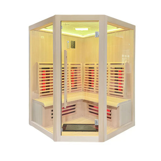 Insignia KY007 infrared indoor sauna 1500×1500, corner design with wraparound bench, studio white background.