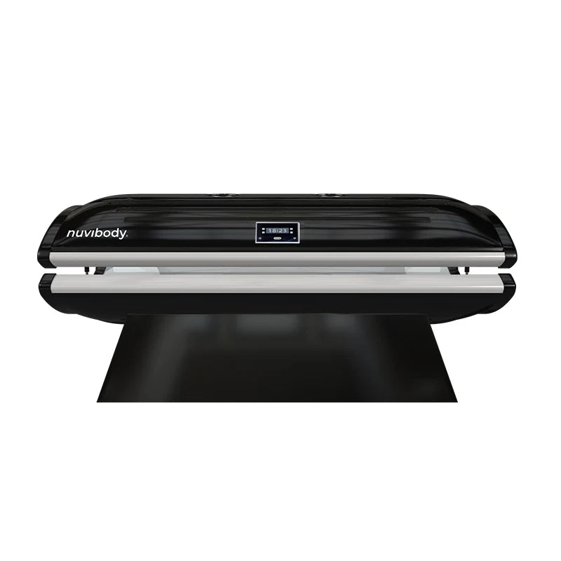 Top view of Nuvibody LITE Red Light Therapy Bed with closed canopy and digital control display panel.