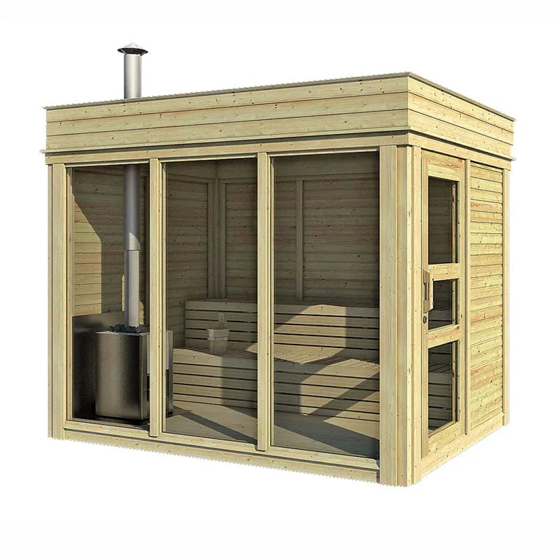 Viking Industrier Traditional Sauna Cube 2x3m exterior view with large glass front, wood-burning stove, and natural wood finish.