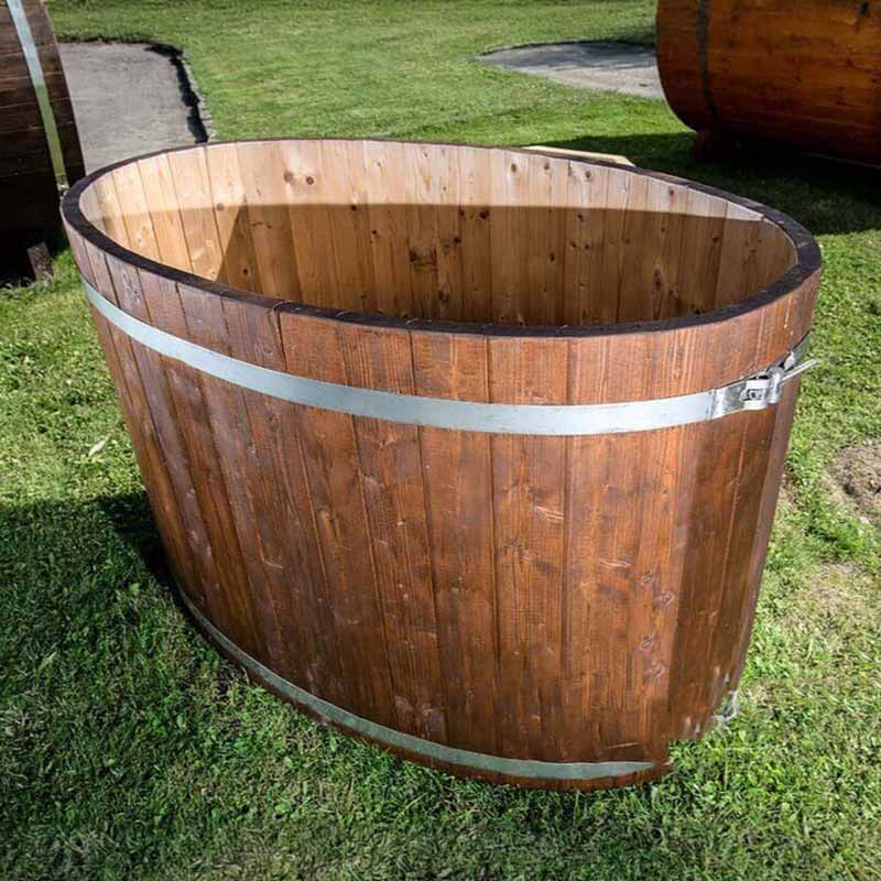 Viking Industrier Oval Cold Tub, 2-person spruce wood with lid, stainless steel bands, on deck.