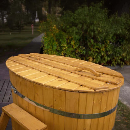 Top view of Viking Industrier Oval Cold Tub lid—spruce slats with handles and stainless band detail.