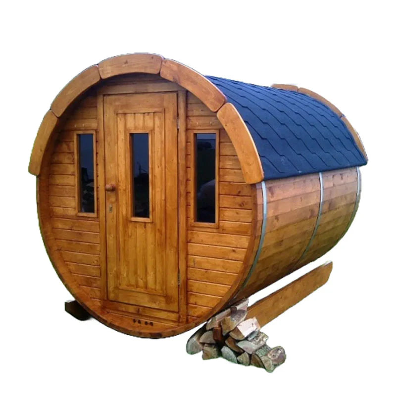 Front angled view of Viking Industrier Barrel Sauna 1900x2500mm showing wooden door, windows and curved roof design.