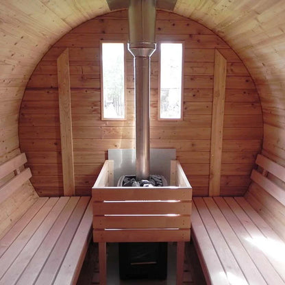Viking Industrier Traditional Barrel Sauna 1900x2500mm interior view with wooden seating and central heater.